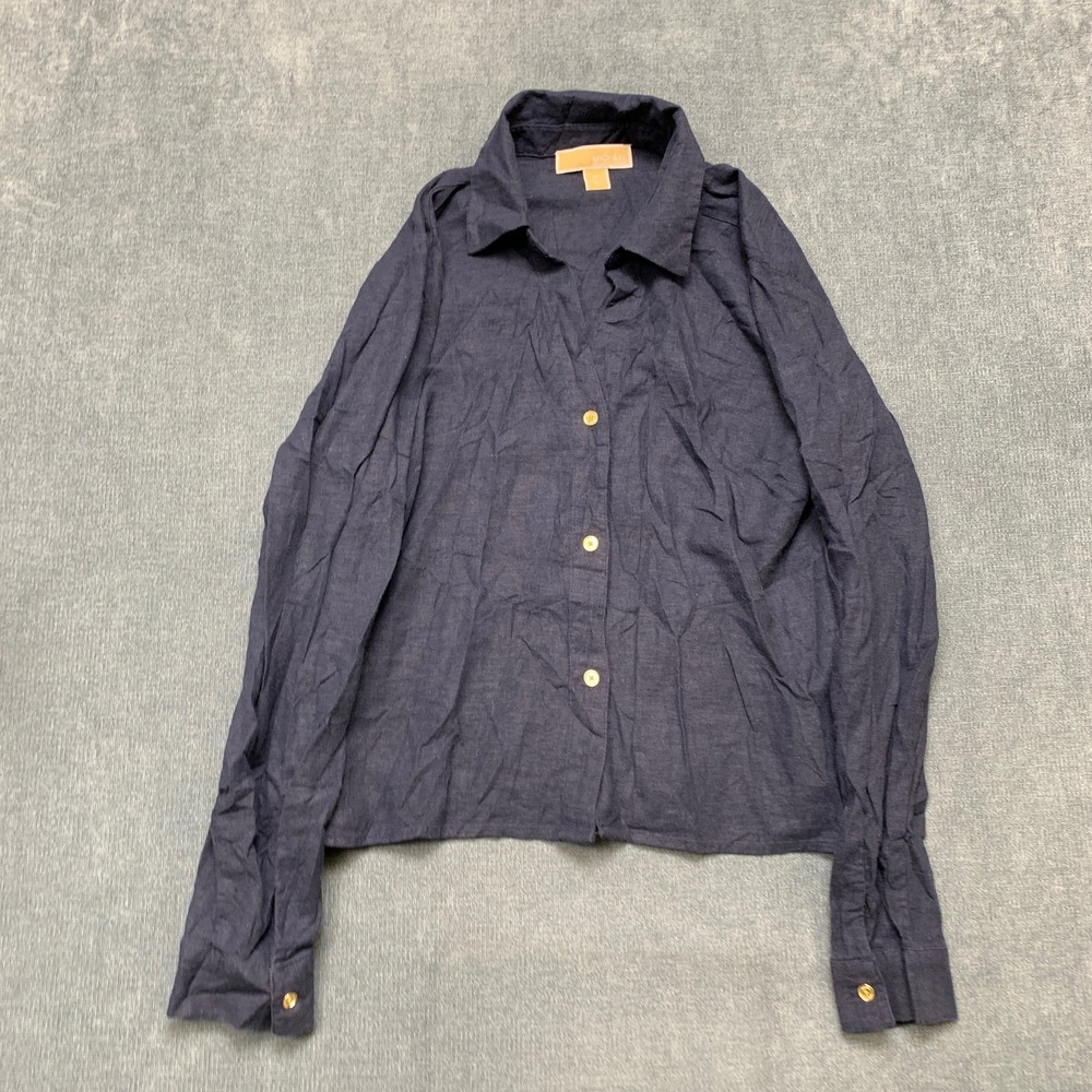 Michael Kors Shirt Womens Medium Navy Blue Linen Casual Long Sleeve Button Up